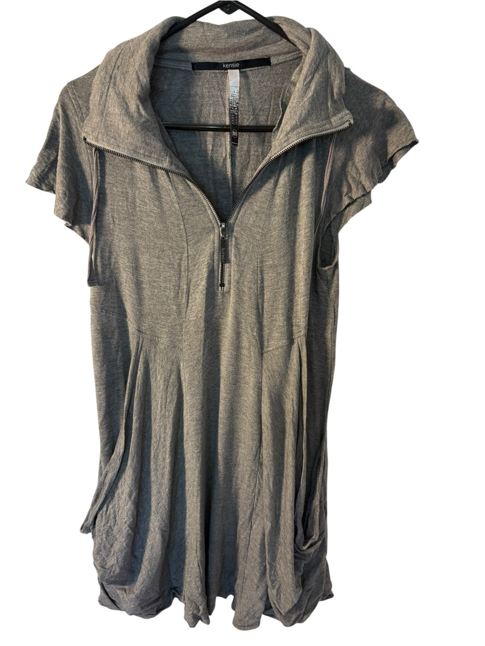 kensie Heather Gray Short Sleeve Hooded Zip Tunic